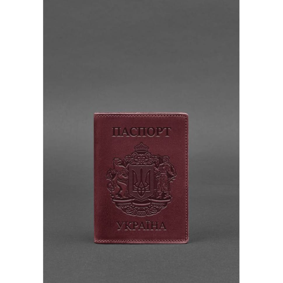 Leather passport cover with Ukrainian coat of arms burgundy