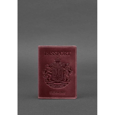 Leather passport cover with Ukrainian coat of arms burgundy