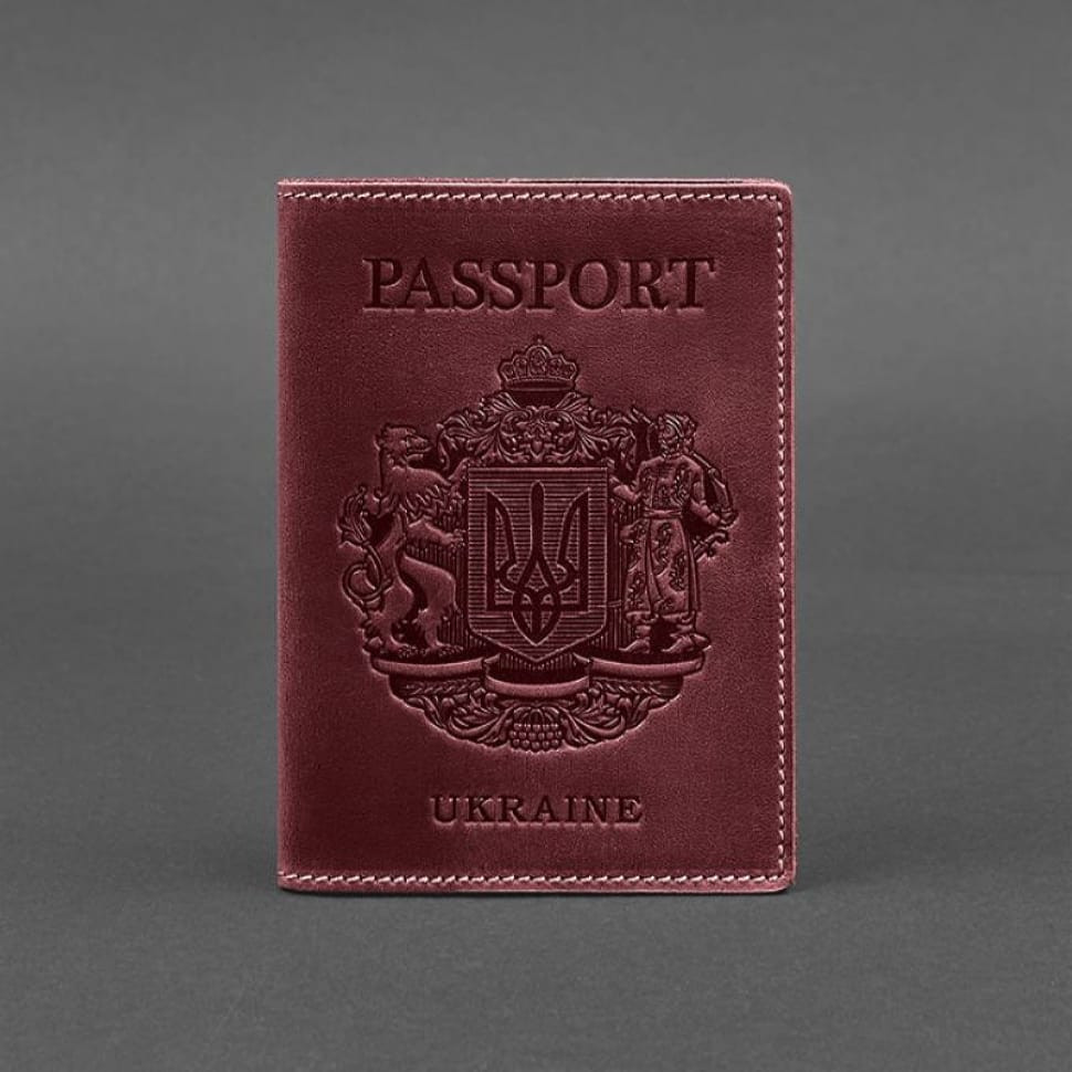 Leather passport cover with Ukrainian coat of arms burgundy