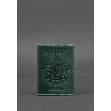 Leather passport cover with Ukrainian coat of arms green