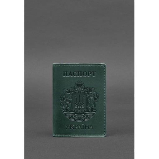 Шкіряна обкладинка для паспорта з українським гербом зелена