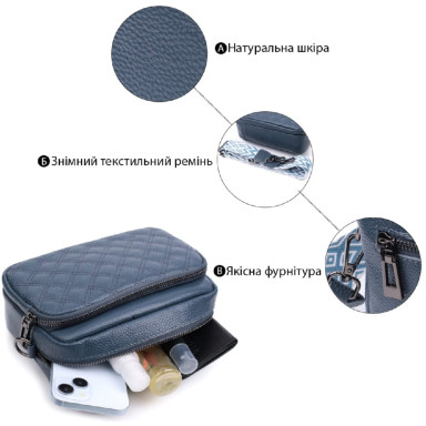 Стильна сумка прошита ромбами на лицьовій стороні з натуральної шкіри Vintage 22636 Синя