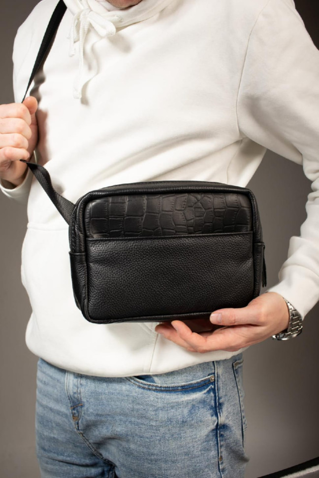 Кроссбоді, бананка із натуральної шкіри, шкіряна сумка на пояс SKILL (чорна)