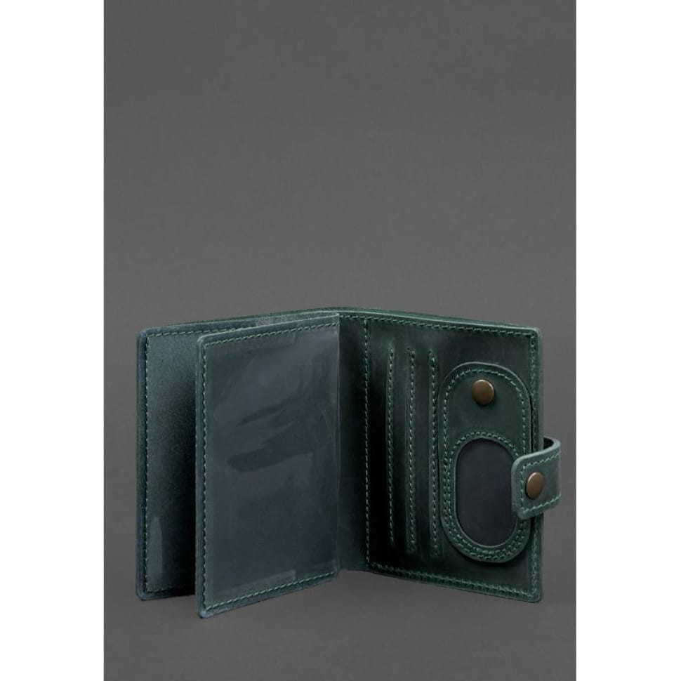 Leather wallet cover for a traffic police officer's ID with a pocket for a badge 11.3 green Crazy Horse