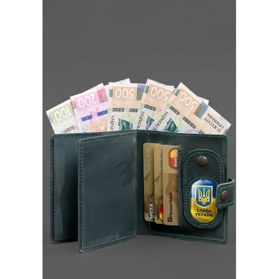 Leather wallet cover for a traffic police officer's ID with a pocket for a badge 11.3 green Crazy Horse