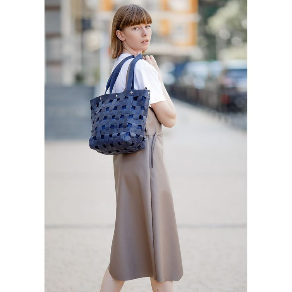 Women's leather woven bag Puzzle L blue Crazy Horse