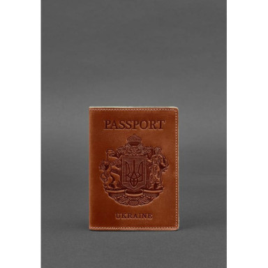 Leather passport cover with Ukrainian coat of arms light brown