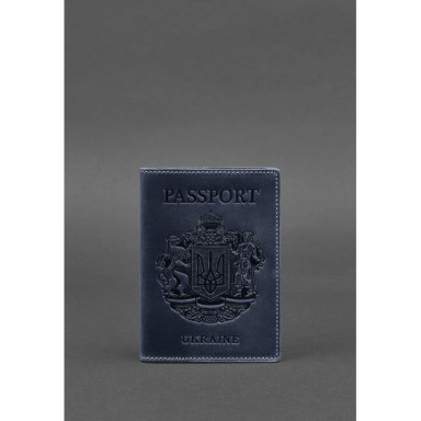Leather passport cover with Ukrainian coat of arms blue