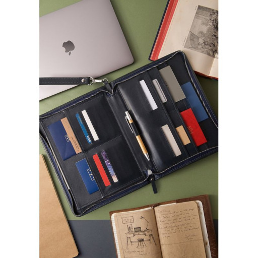 Кожаная папка для документов "Семейная" на молнии Премиум Темно-синяя