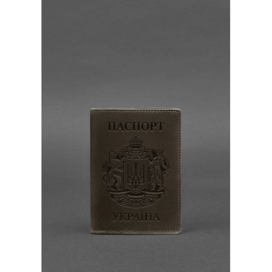 Leather passport cover with Ukrainian coat of arms dark brown
