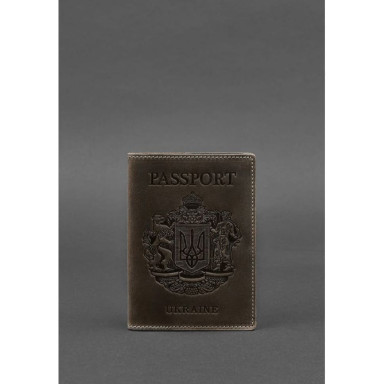 Leather passport cover with Ukrainian coat of arms dark brown