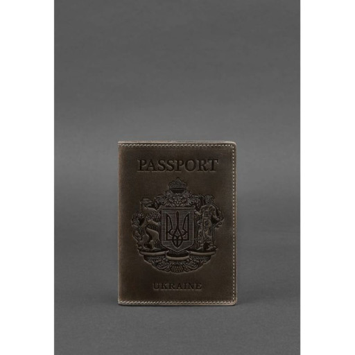 Шкіряна обкладинка для паспорта з українським гербом темно-коричнева