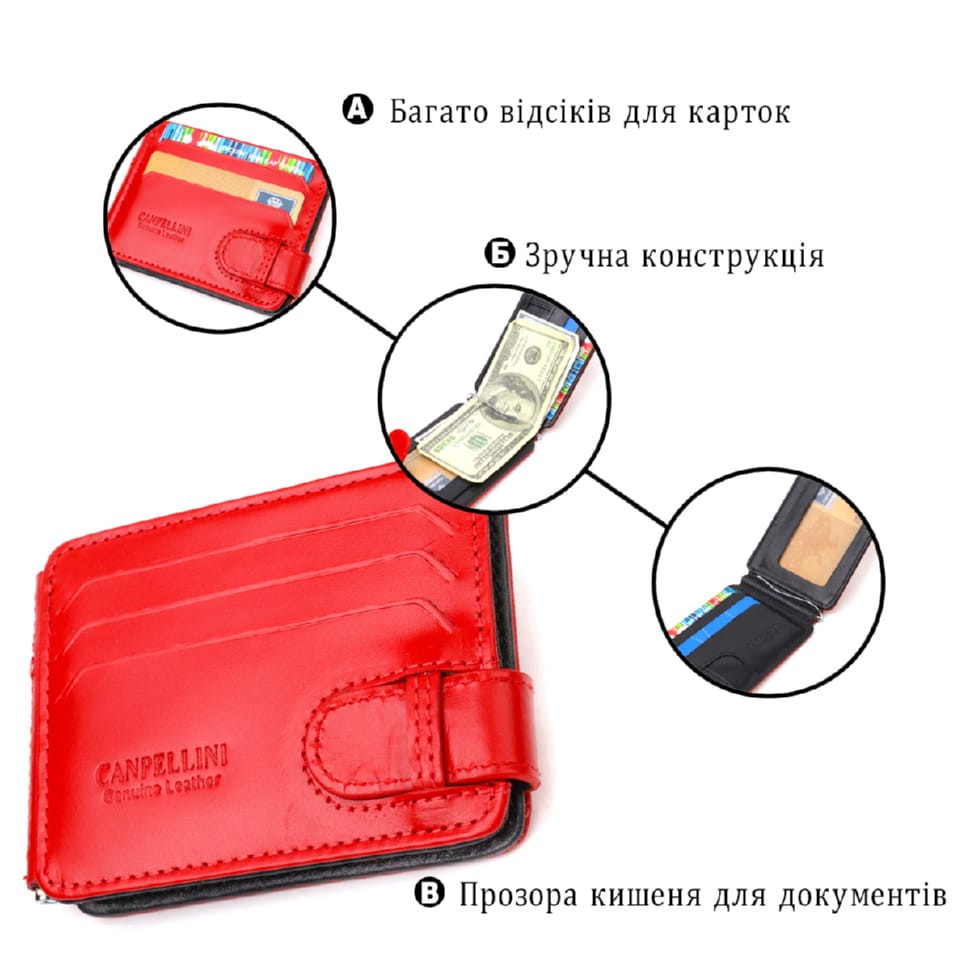 Жіночий затискач для грошей з натуральної гладкої шкіри CANPELLINI 21938 Червоний
