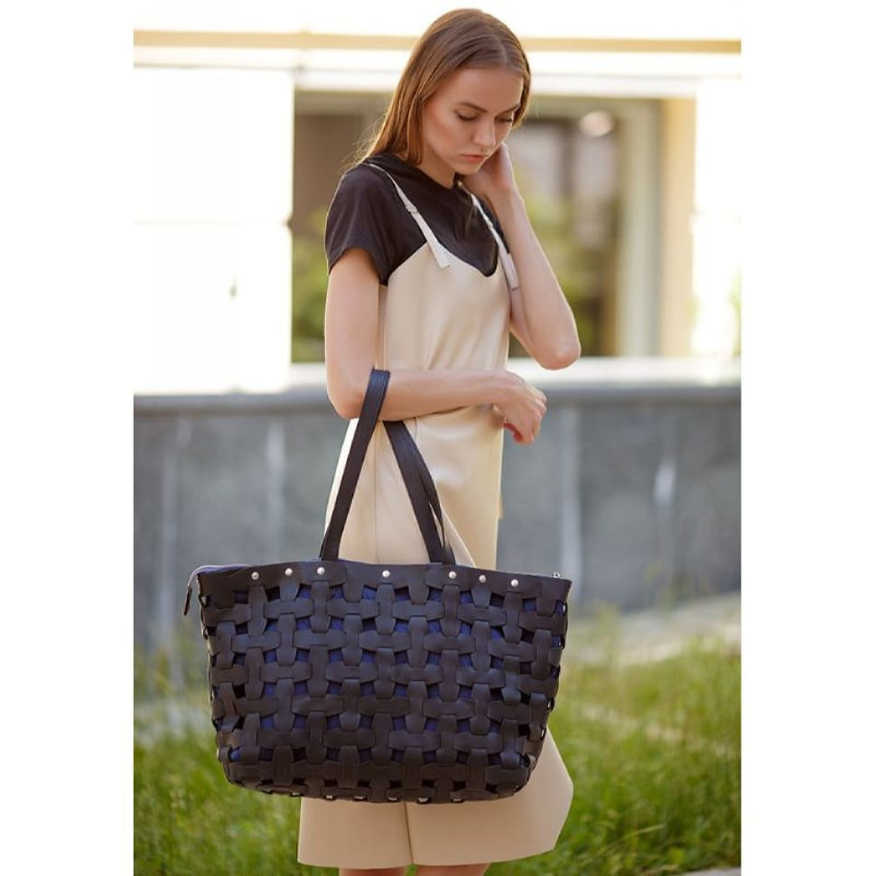 Women's leather woven bag Puzzle Xl black Crazy Horse