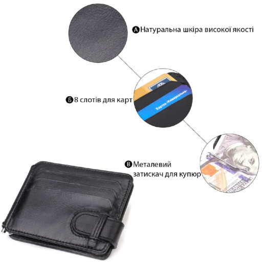 Класичний надійний затискач для грошей з натуральної гладкої шкіри CANPELLINI 21939 Чорний