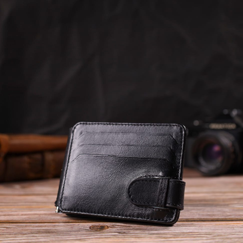 Класичний надійний затискач для грошей з натуральної гладкої шкіри CANPELLINI 21939 Чорний