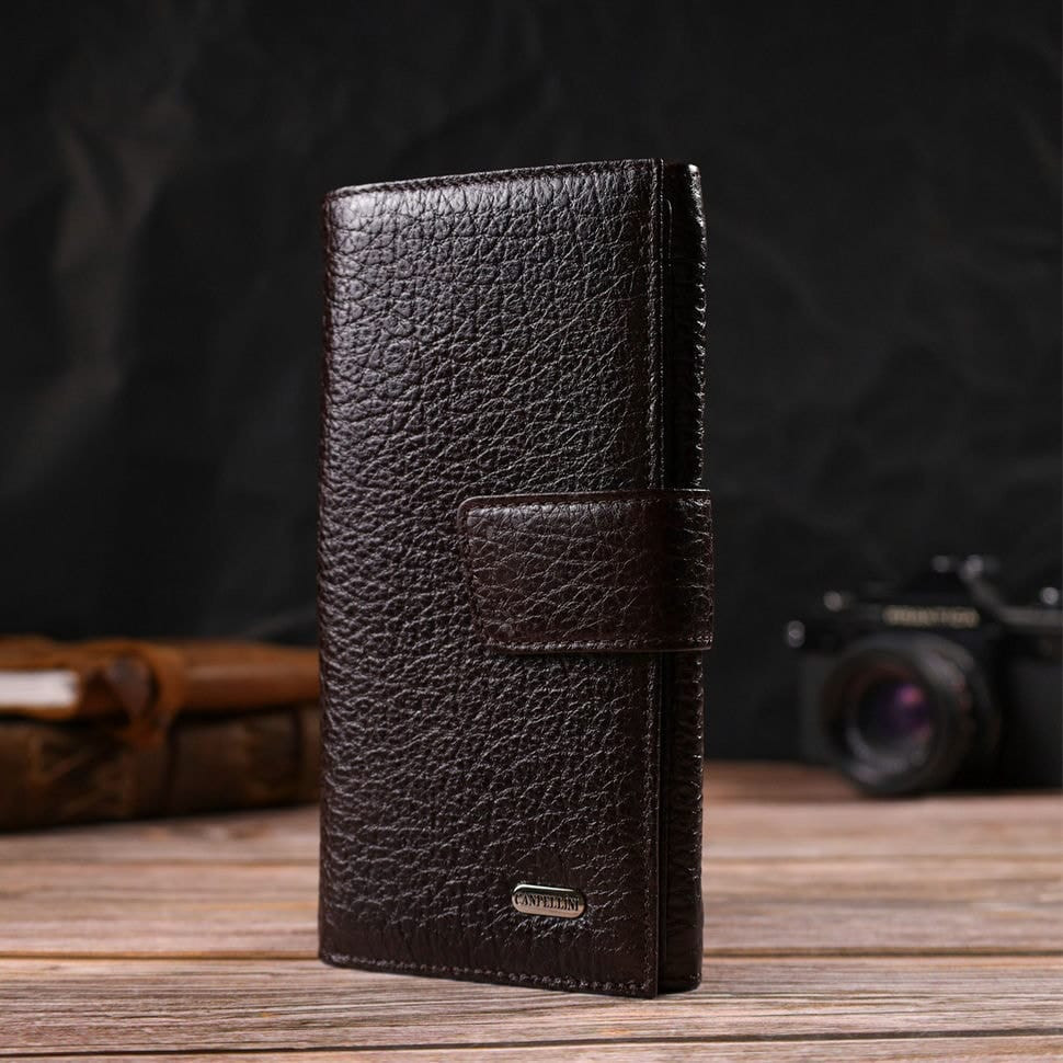 Місткий вертикальний чоловічий портмоне з натуральної крупнозернистої шкіри CANPELLINI 21840 Коричневий