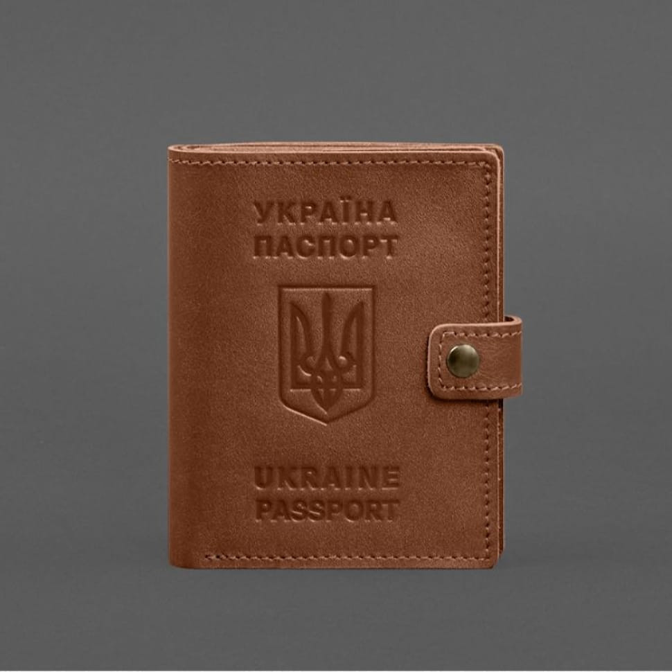 Кожаная обложка-портмоне на паспорт с гербом Украины 25.1 Светло-коричневая
