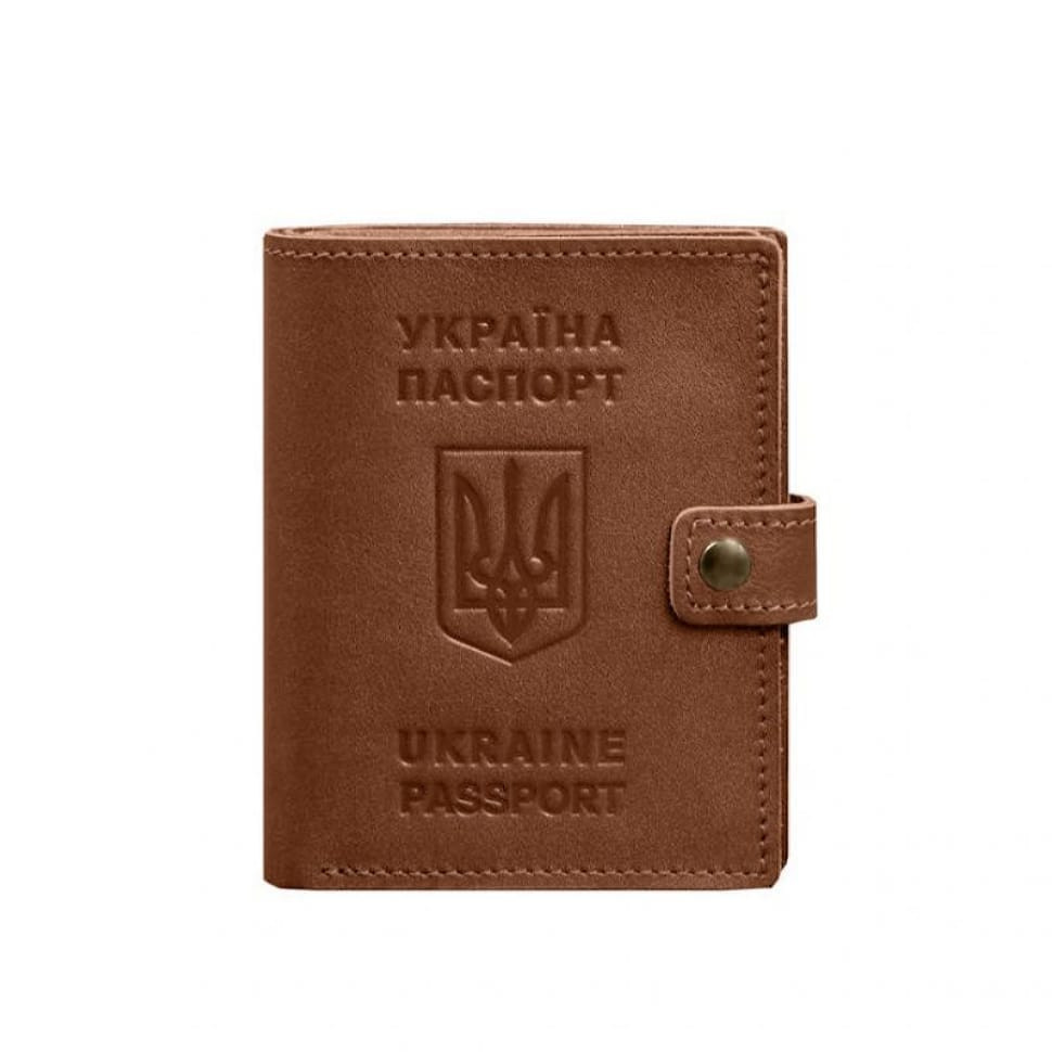 Кожаная обложка-портмоне на паспорт с гербом Украины 25.1 Светло-коричневая