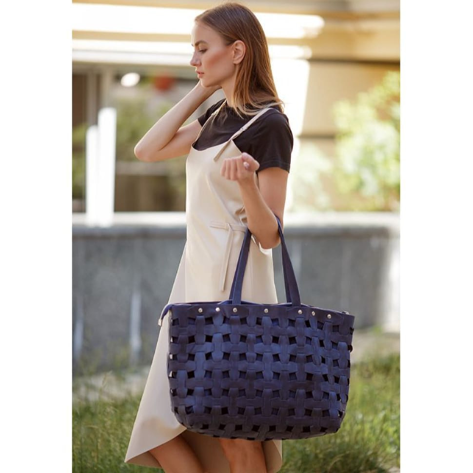 Women's leather woven bag Puzzle Xl blue Crazy Horse