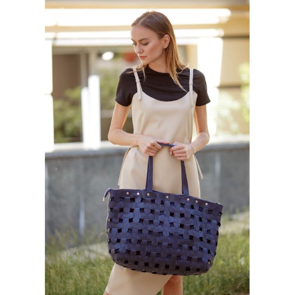 Women's leather woven bag Puzzle Xl blue Crazy Horse
