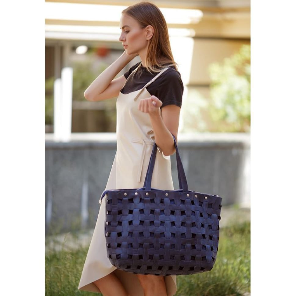 Women's leather woven bag Puzzle Xl blue Crazy Horse
