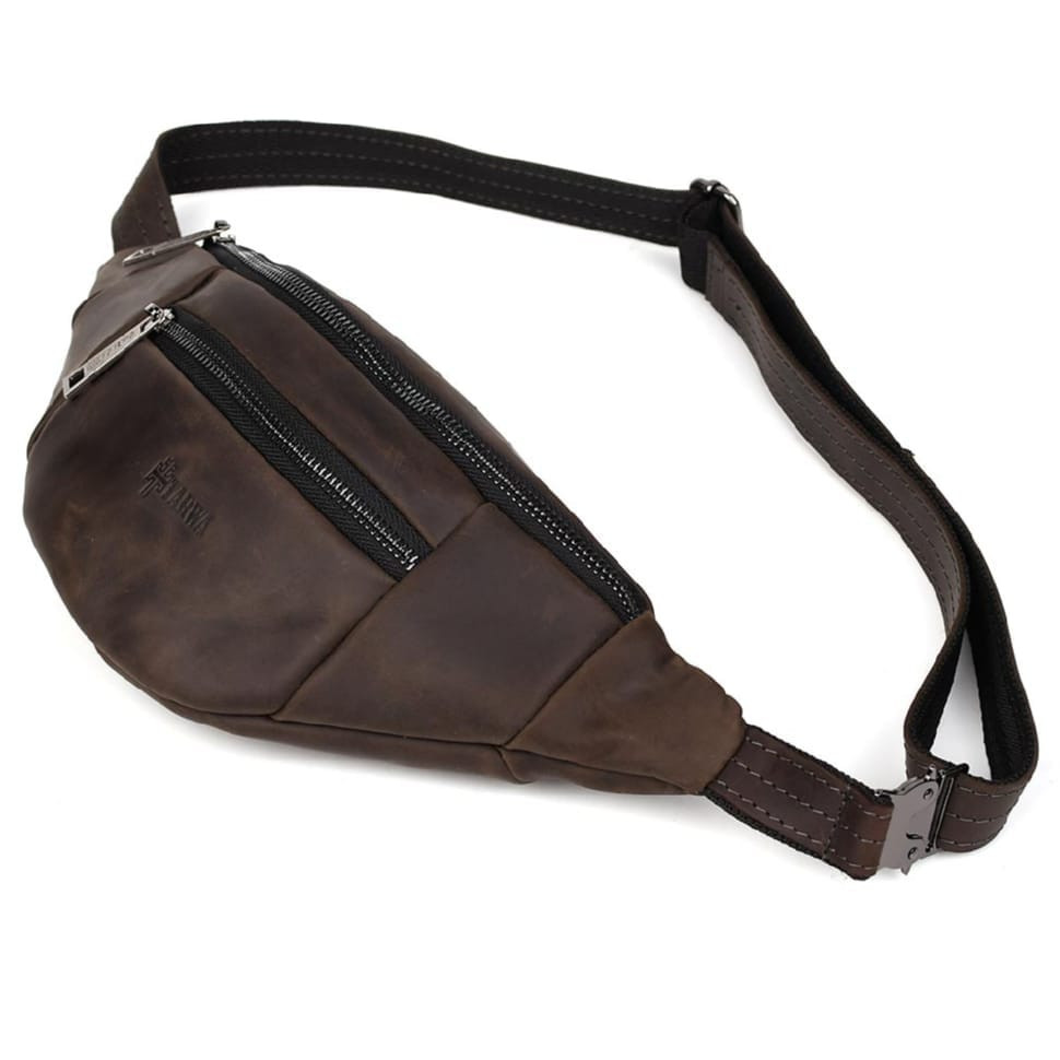 Leather banana bag with two compartments with front pocket TARWA RC-8040-3md brown