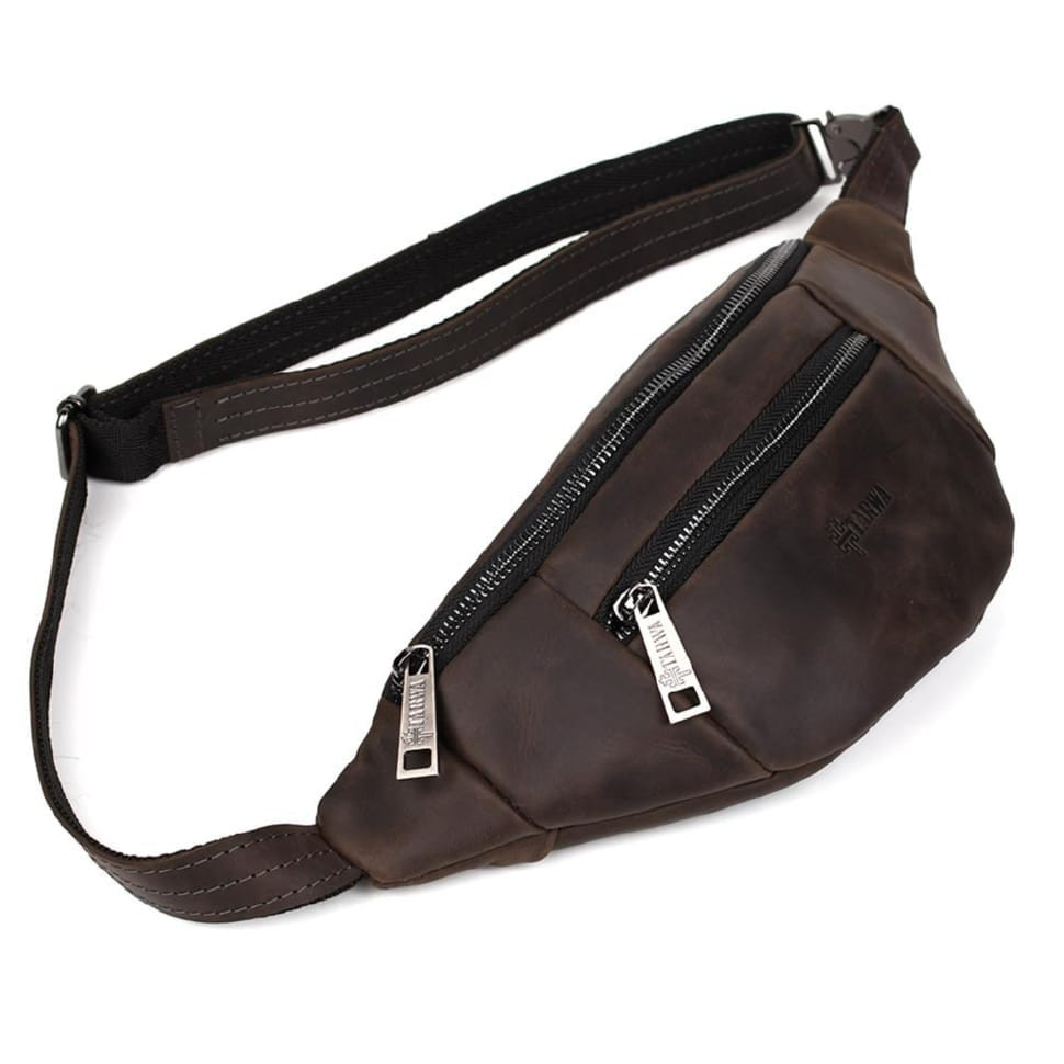 Leather banana bag with two compartments with front pocket TARWA RC-8040-3md brown