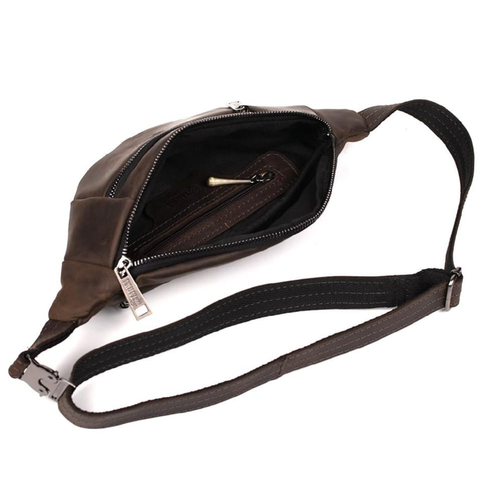 Leather banana bag with two compartments with front pocket TARWA RC-8040-3md brown