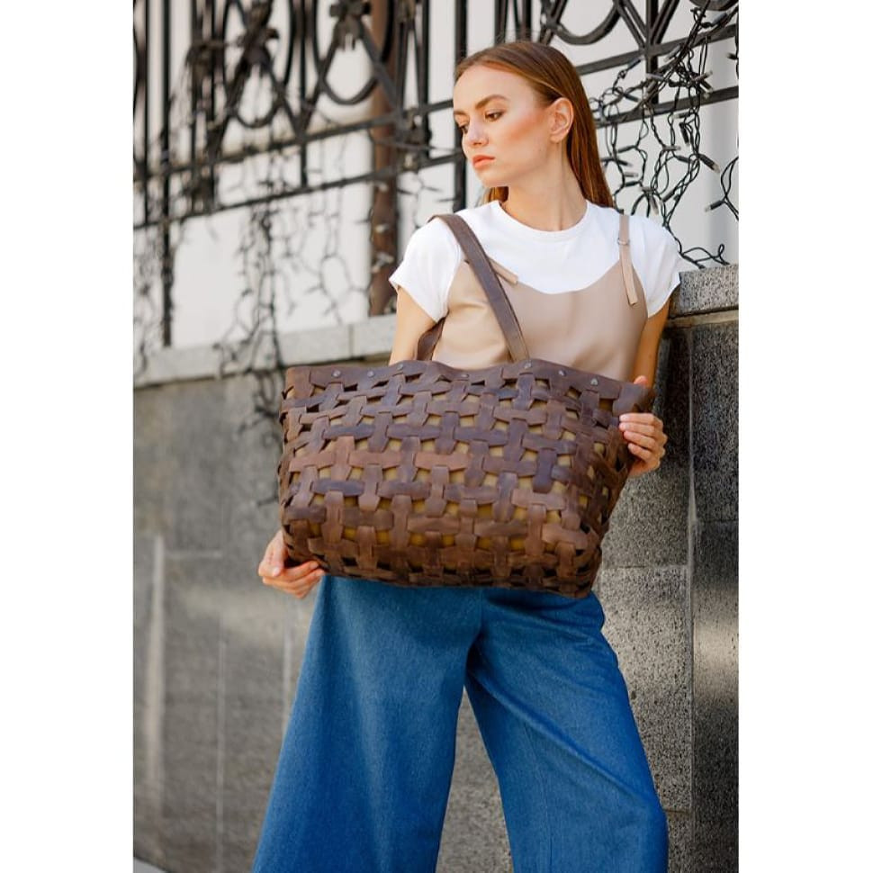 Women's leather woven bag Puzzle Xl dark brown Crazy Horse