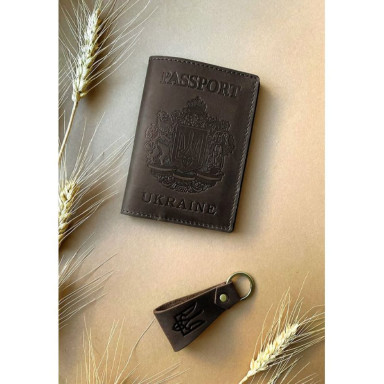 Gift set of leather accessories with Ukrainian symbols dark brown