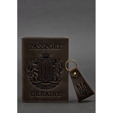 Gift set of leather accessories with Ukrainian symbols dark brown