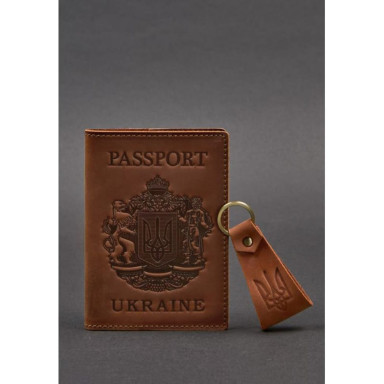 Gift set of leather accessories with Ukrainian symbols light brown