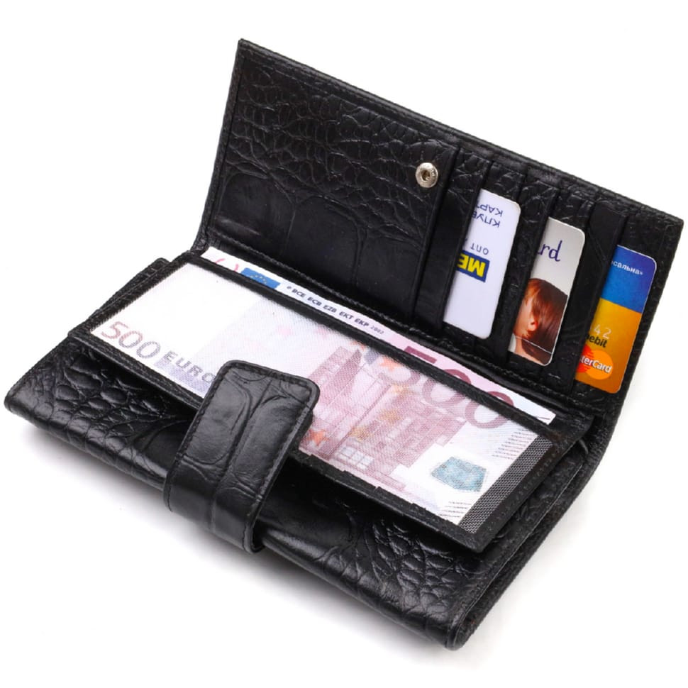 Красиве вертикальне чоловіче портмоне з натуральної шкіри з тисненням під крокодила CANPELLINI 21844 Чорне