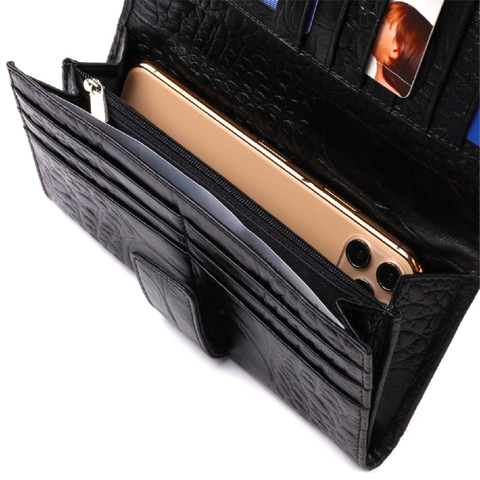 Красиве вертикальне чоловіче портмоне з натуральної шкіри з тисненням під крокодила CANPELLINI 21844 Чорне
