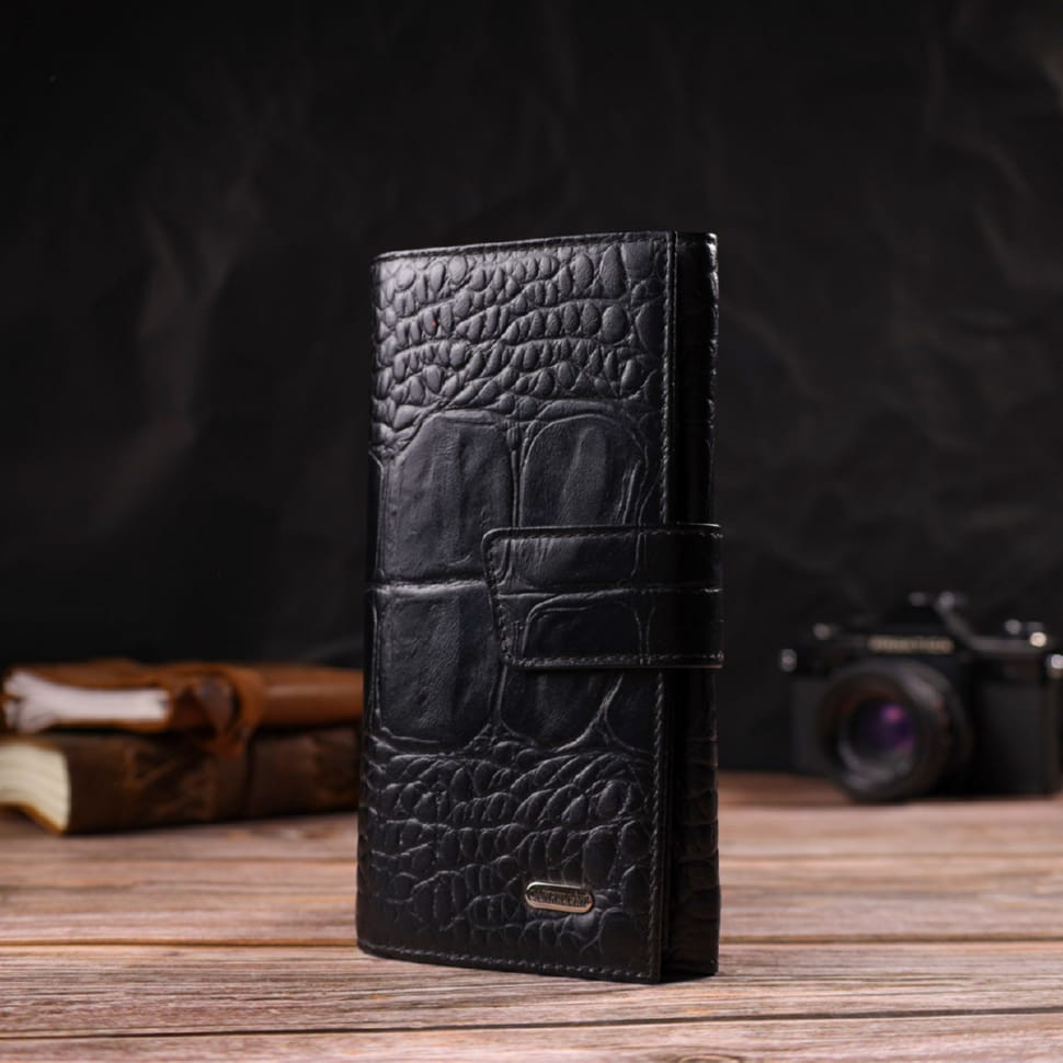 Красиве вертикальне чоловіче портмоне з натуральної шкіри з тисненням під крокодила CANPELLINI 21844 Чорне