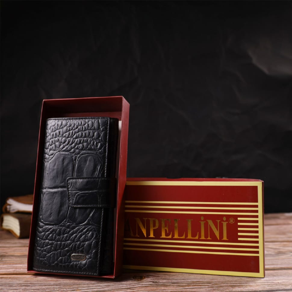 Красиве вертикальне чоловіче портмоне з натуральної шкіри з тисненням під крокодила CANPELLINI 21844 Чорне