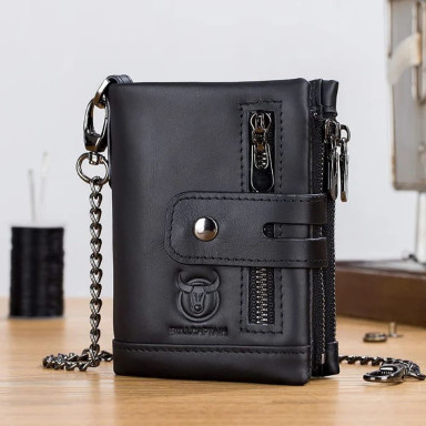 Mens black folding wallet with chain TW040A Bull