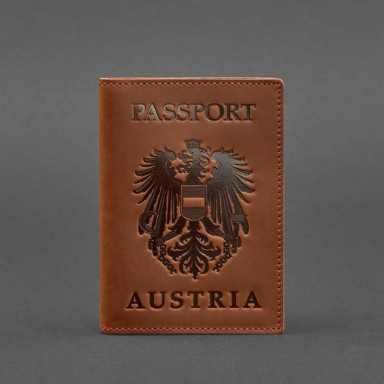 Leather passport cover with Austrian coat of arms light brown Crazy Horse