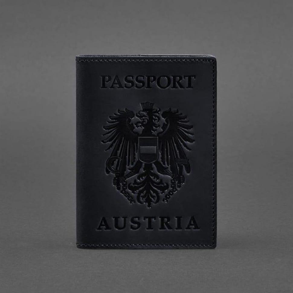 Шкіряна обкладинка для паспорта з австрійським гербом темно-синя Crazy Horse
