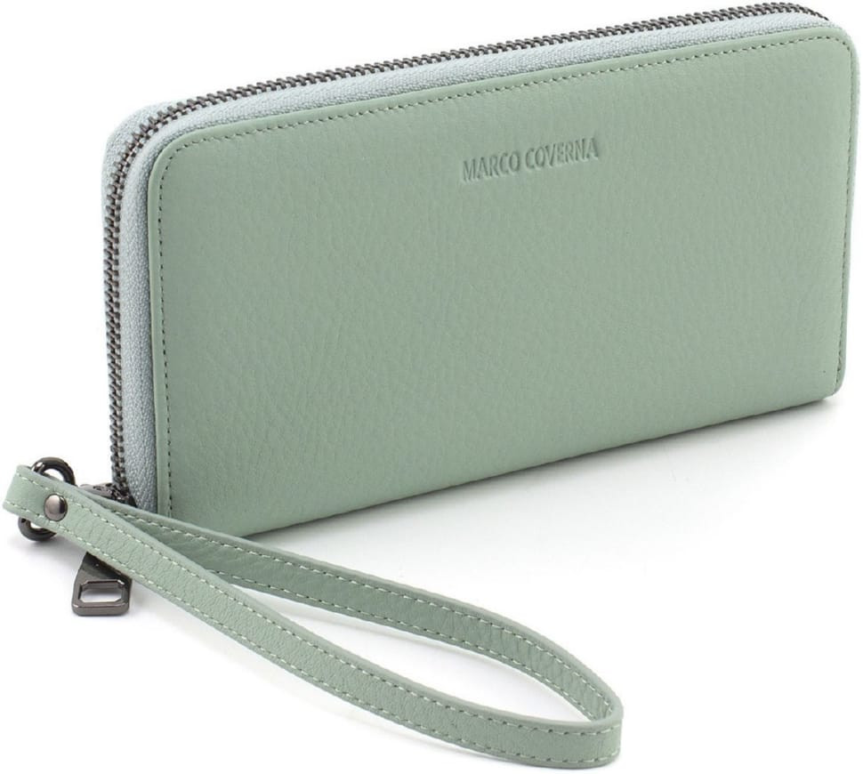 Women`s Leather Wallet with Zip Pistachio Color Marco Coverna W004 Light Green