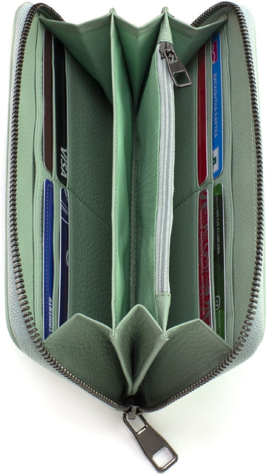 Women`s Leather Wallet with Zip Pistachio Color Marco Coverna W004 Light Green