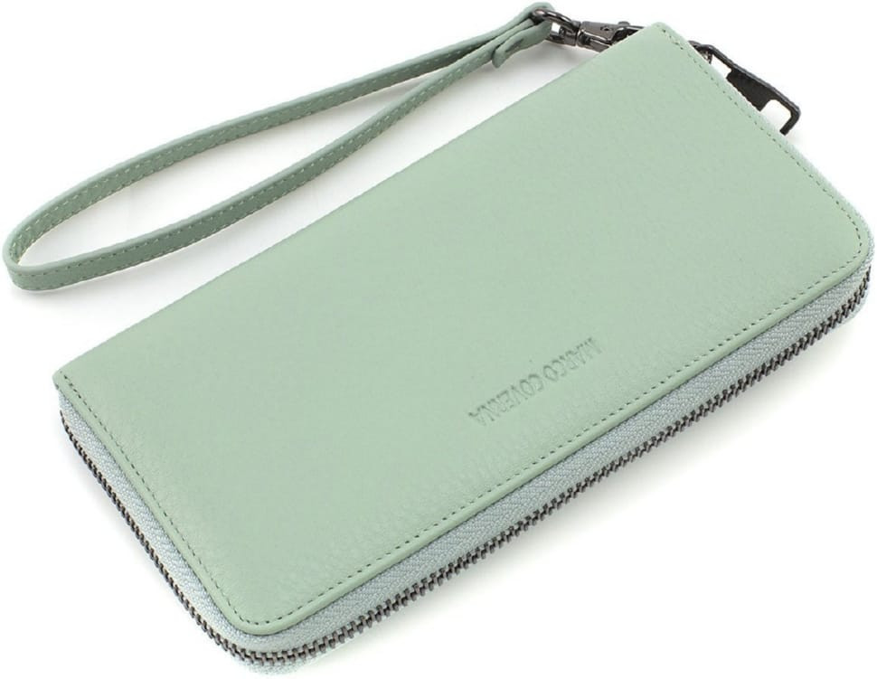 Women`s Leather Wallet with Zip Pistachio Color Marco Coverna W004 Light Green