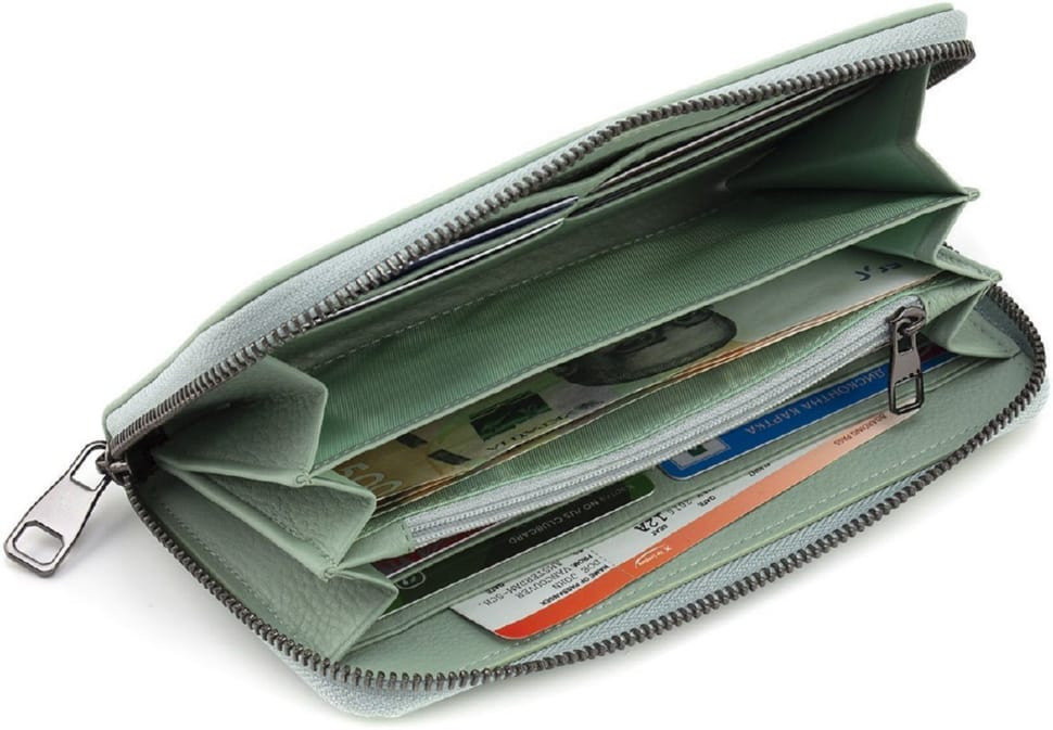 Women`s Leather Wallet with Zip Pistachio Color Marco Coverna W004 Light Green