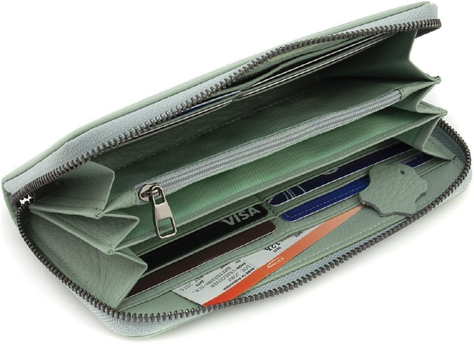 Women`s Leather Wallet with Zip Pistachio Color Marco Coverna W004 Light Green