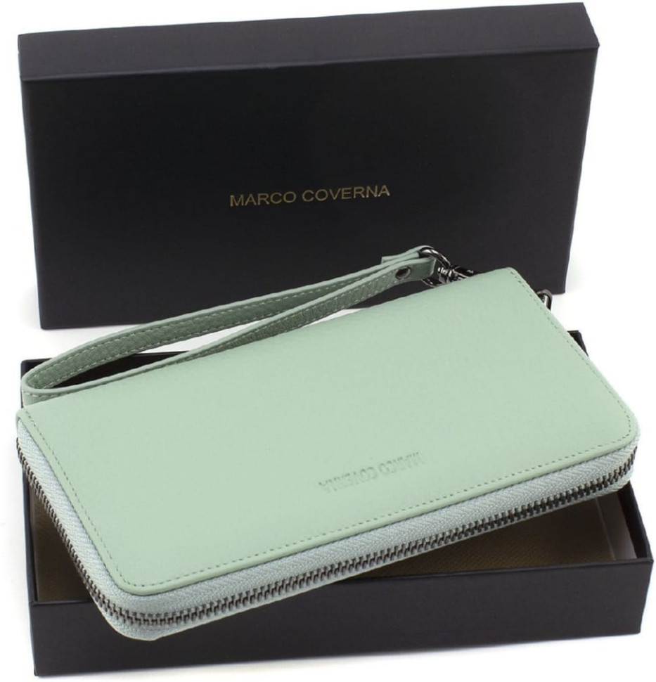 Women`s Leather Wallet with Zip Pistachio Color Marco Coverna W004 Light Green