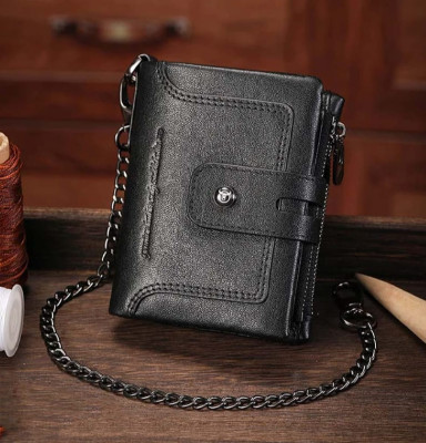 Mens black folding wallet with chain TW230A Bull