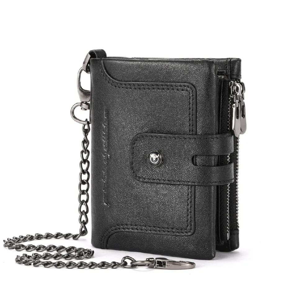 Mens black folding wallet with chain TW230A Bull