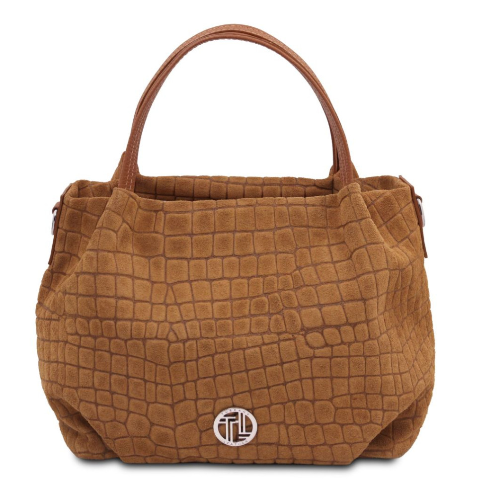 Nora Cocoon Suede leather handbag with croc print