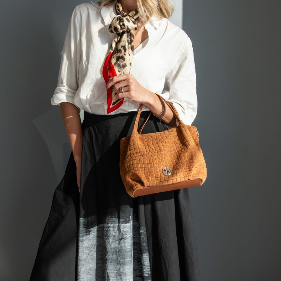 Nora Cocoon Suede leather handbag with croc print